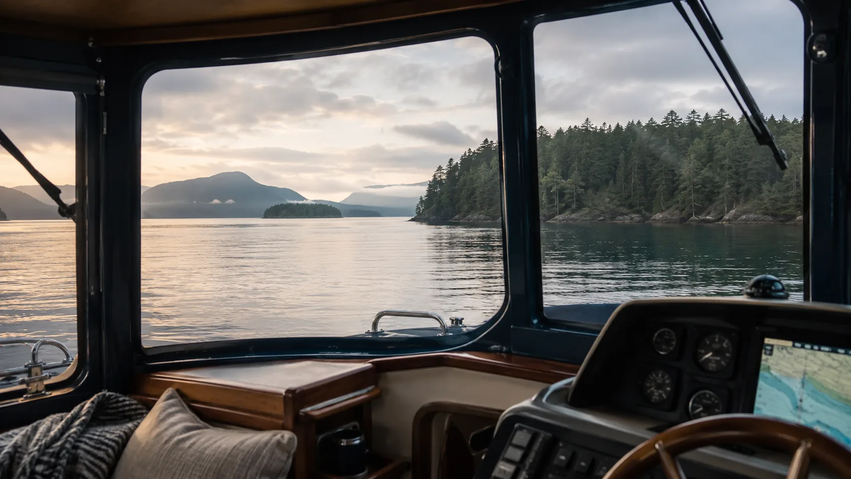 A quiet evening on the water, seen from the helm of a boat.